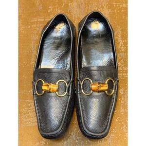 Gucci Horsebit Bamboo Loafers Black Pebbled Leather Driving Shoes 155162 37.5 G
